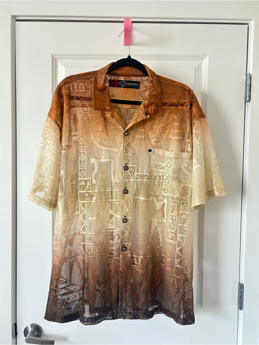 Casual Ombre Egyptian Motif Button-Down Shirt - Brown/Cream